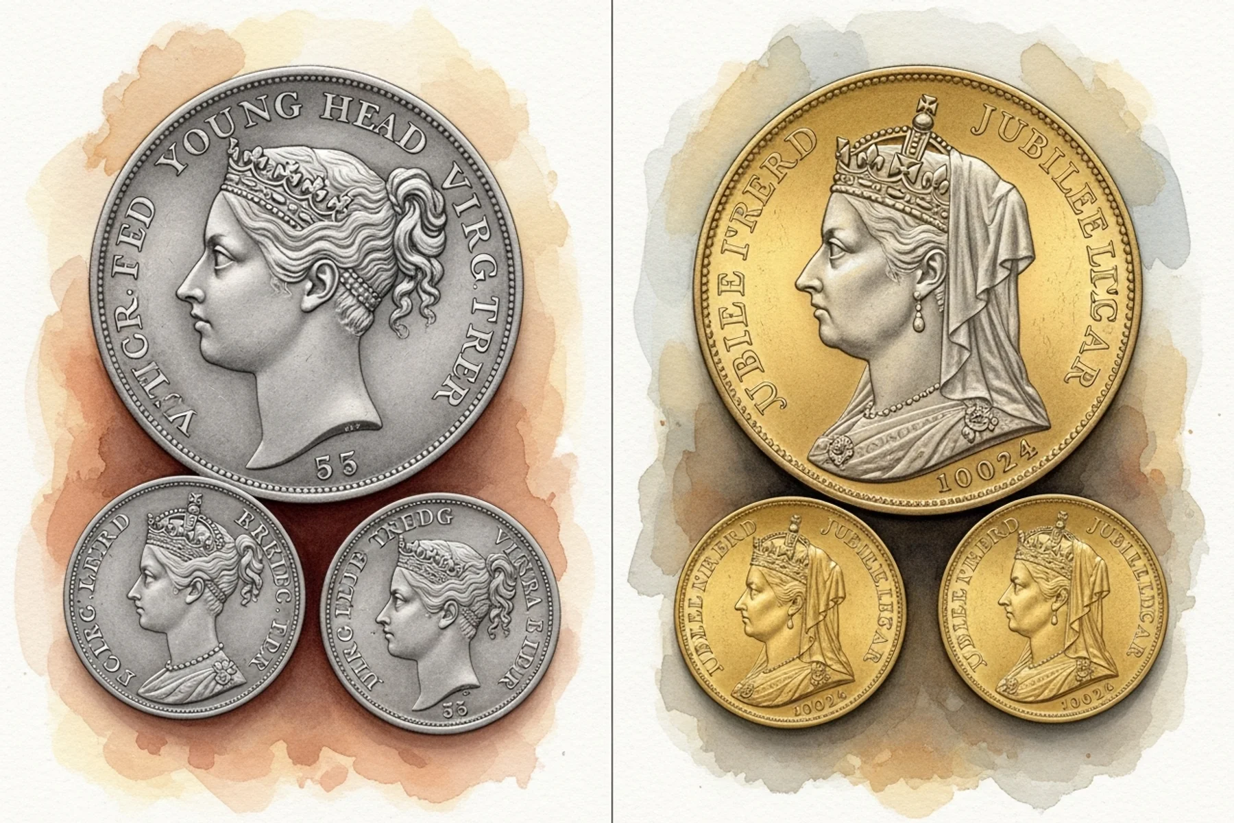 Queen Victoria's Jubilee coinage contrasted with Young Head